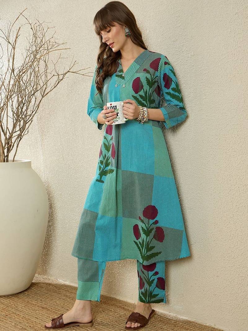 Floral Printed  Cotton A Line Kurta With Trousers