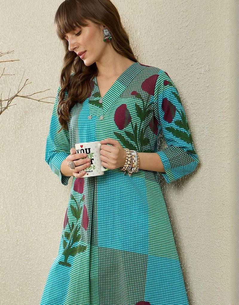 Floral Printed  Cotton A Line Kurta With Trousers