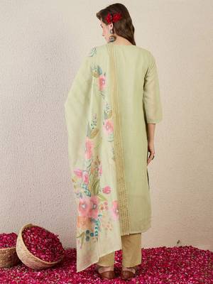 Women Floral Embroidered Thread Work  Cotton Kurta with Trousers & Dupatta 5