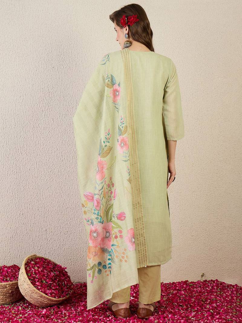 Women Floral Embroidered Thread Work  Cotton Kurta with Trousers & Dupatta