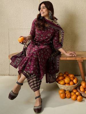 Floral Printed V Neck  Cotton Kurta With Salwar & Dupatta 1