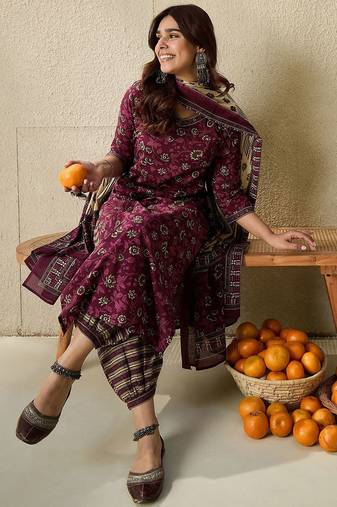 Floral Printed V Neck  Cotton Kurta With Salwar & Dupatta
