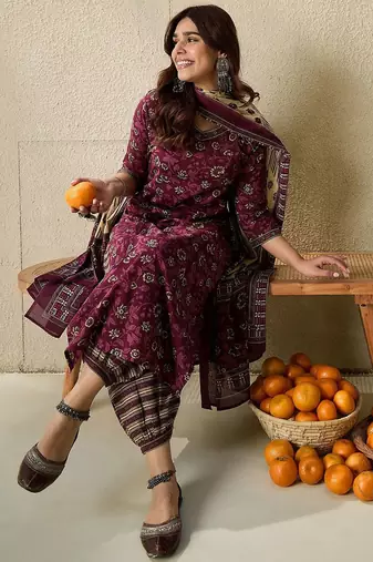 Floral Printed V Neck  Cotton Kurta With Salwar & Dupatta