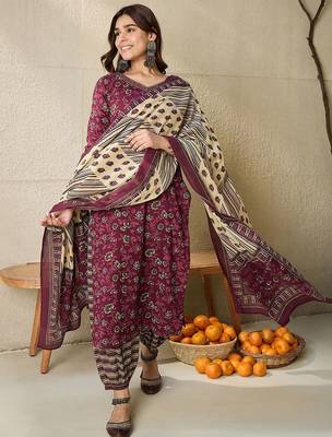 Floral Printed V Neck  Cotton Kurta With Salwar & Dupatta 2