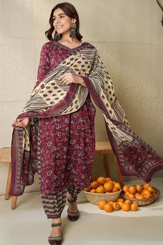 Floral Printed V Neck  Cotton Kurta With Salwar & Dupatta