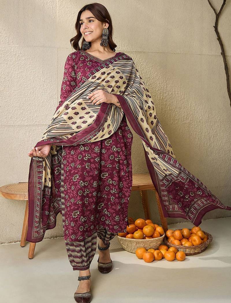 Floral Printed V Neck  Cotton Kurta With Salwar & Dupatta
