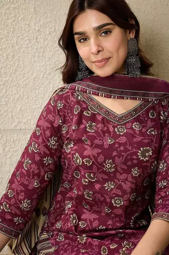 Floral Printed V Neck  Cotton Kurta With Salwar & Dupatta