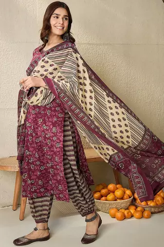Floral Printed V Neck  Cotton Kurta With Salwar & Dupatta