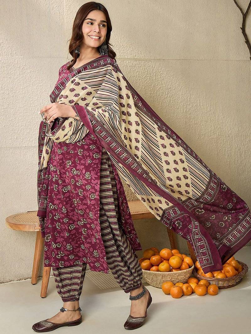 Floral Printed V Neck  Cotton Kurta With Salwar & Dupatta