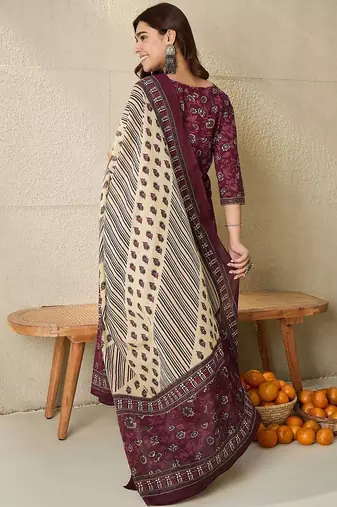 Floral Printed V Neck  Cotton Kurta With Salwar & Dupatta