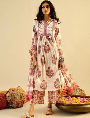 Ethnic Motifs Embroidered Anarkali Pure Cotton Kurta with Palazzos & With Dupatta 1