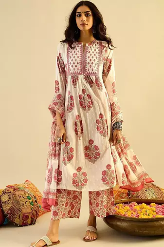 Ethnic Motifs Embroidered Anarkali Pure Cotton Kurta with Palazzos & With Dupatta