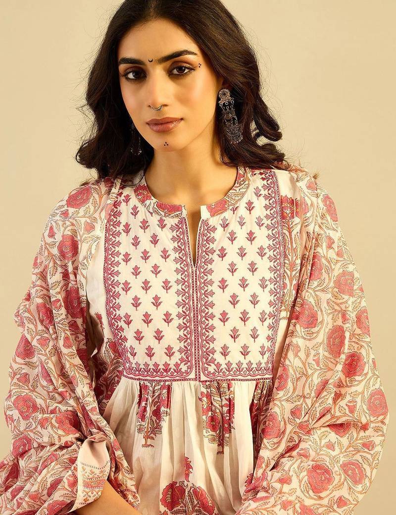 Ethnic Motifs Embroidered Anarkali Pure Cotton Kurta with Palazzos & With Dupatta