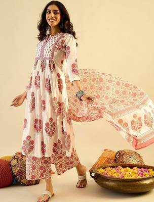 Ethnic Motifs Embroidered Anarkali Pure Cotton Kurta with Palazzos & With Dupatta 5