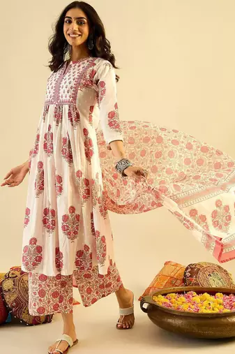 Ethnic Motifs Embroidered Anarkali Pure Cotton Kurta with Palazzos & With Dupatta