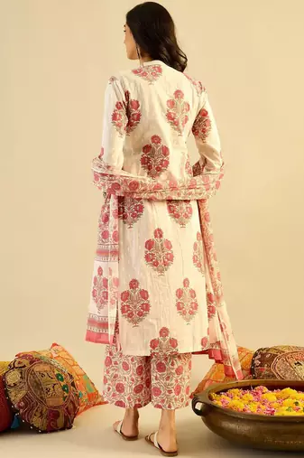 Ethnic Motifs Embroidered Anarkali Pure Cotton Kurta with Palazzos & With Dupatta