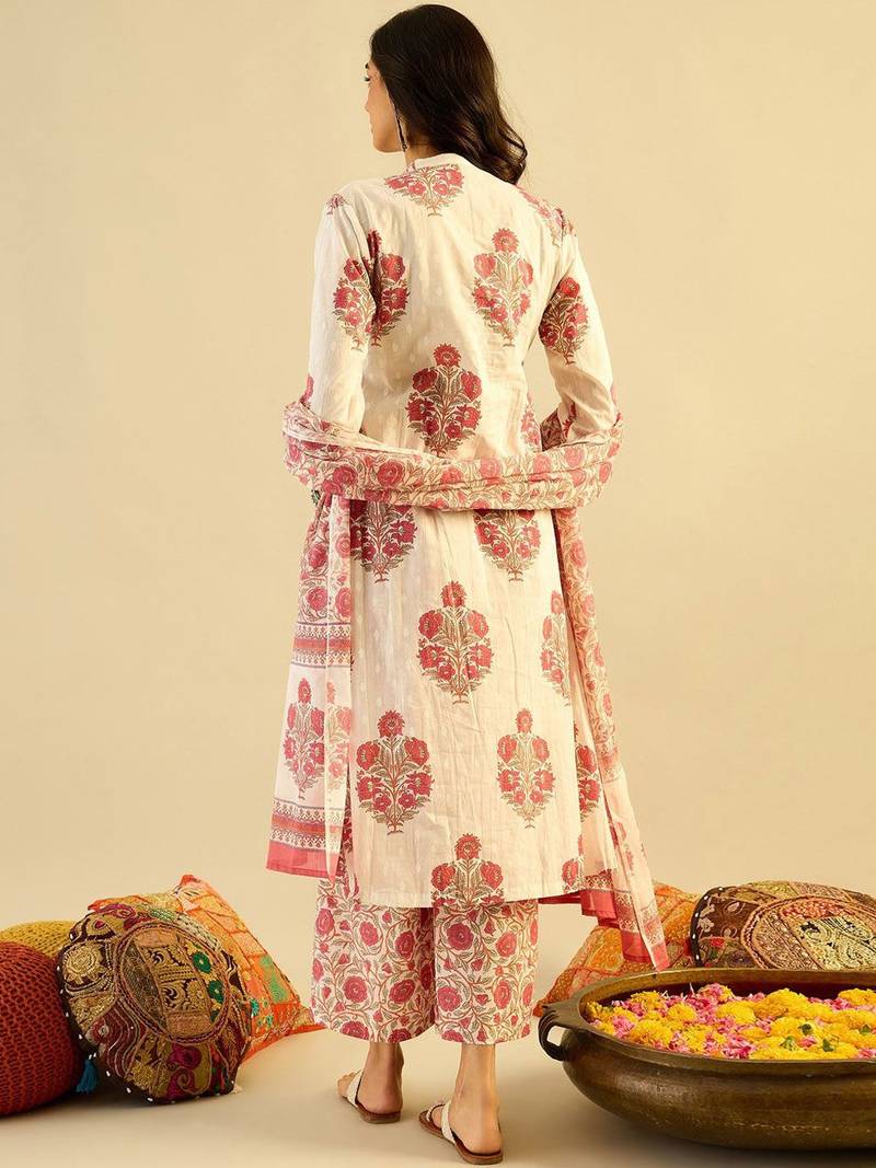 Ethnic Motifs Embroidered Anarkali Pure Cotton Kurta with Palazzos & With Dupatta