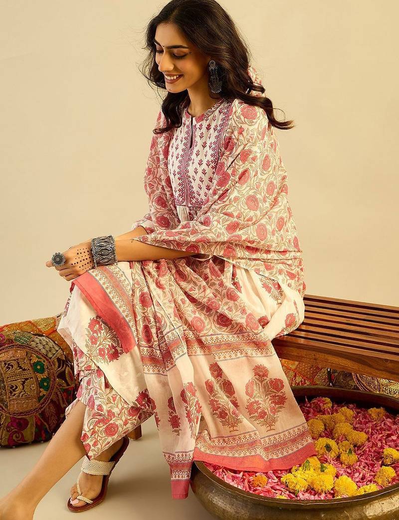 Ethnic Motifs Embroidered Anarkali Pure Cotton Kurta with Palazzos & With Dupatta