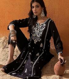 Black Floral Embroidered Notch Neck Straight Kurta