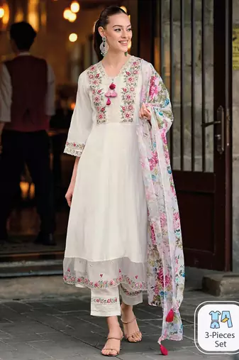 Floral Embroidered Thread Work A-Line Kurta With Trousers & Dupatta