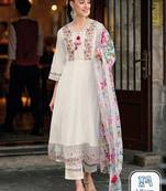 Floral Embroidered Thread Work A-Line Kurta With Trousers & Dupatta