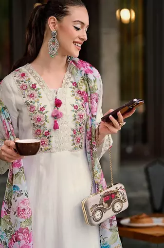 Floral Embroidered Thread Work A-Line Kurta With Trousers & Dupatta