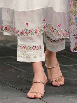 Floral Embroidered Thread Work A-Line Kurta With Trousers & Dupatta 7