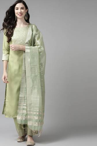 Women Green Yoke Design Regular Republic Day Kurta with Palazzos & Dupatta