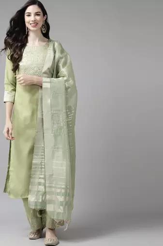 Women Green Yoke Design Regular Republic Day Kurta with Palazzos & Dupatta