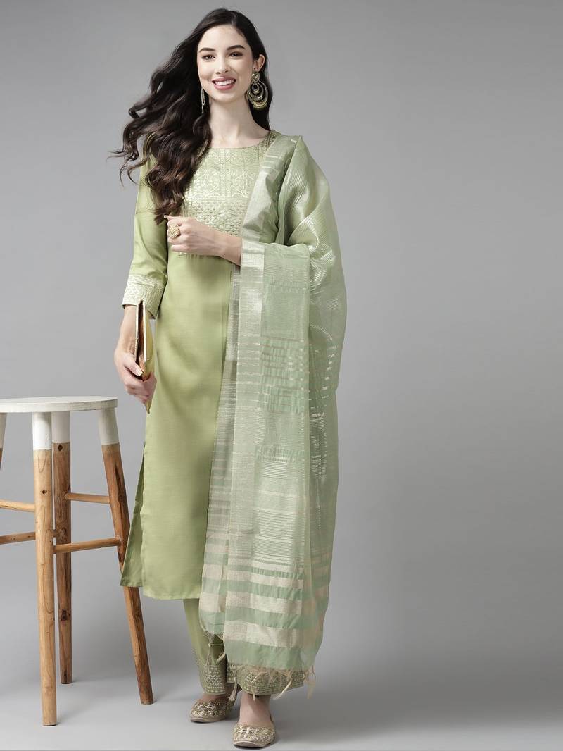 Women Green Yoke Design Regular Republic Day Kurta with Palazzos & Dupatta