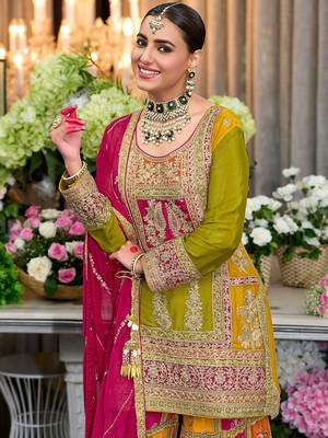 Floral Embroidered Sequinned Chinon Straight Kurta With Palazzos & Dupatta 1