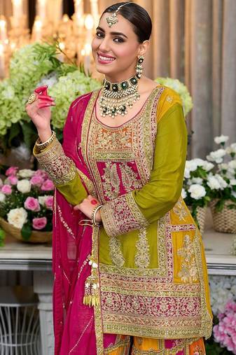 Floral Embroidered Sequinned Chinon Straight Kurta With Palazzos & Dupatta