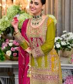 Floral Embroidered Sequinned Chinon Straight Kurta With Palazzos & Dupatta