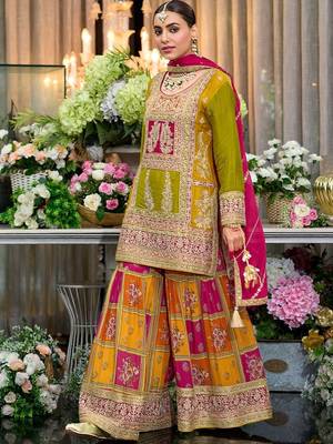 Floral Embroidered Sequinned Chinon Straight Kurta With Palazzos & Dupatta 2