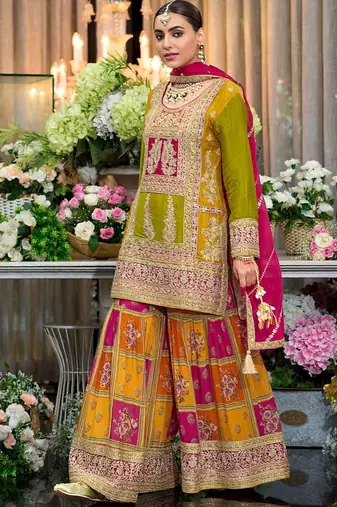 Floral Embroidered Sequinned Chinon Straight Kurta With Palazzos & Dupatta