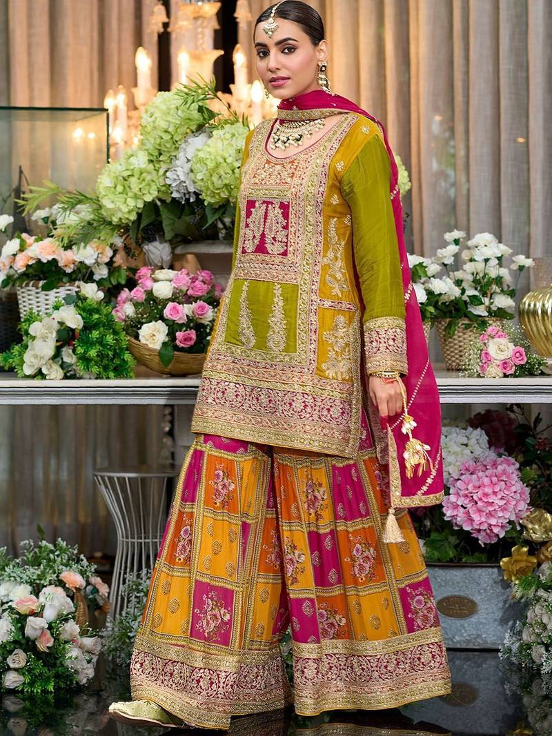 Floral Embroidered Sequinned Chinon Straight Kurta With Palazzos & Dupatta