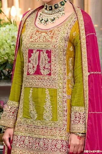 Floral Embroidered Sequinned Chinon Straight Kurta With Palazzos & Dupatta