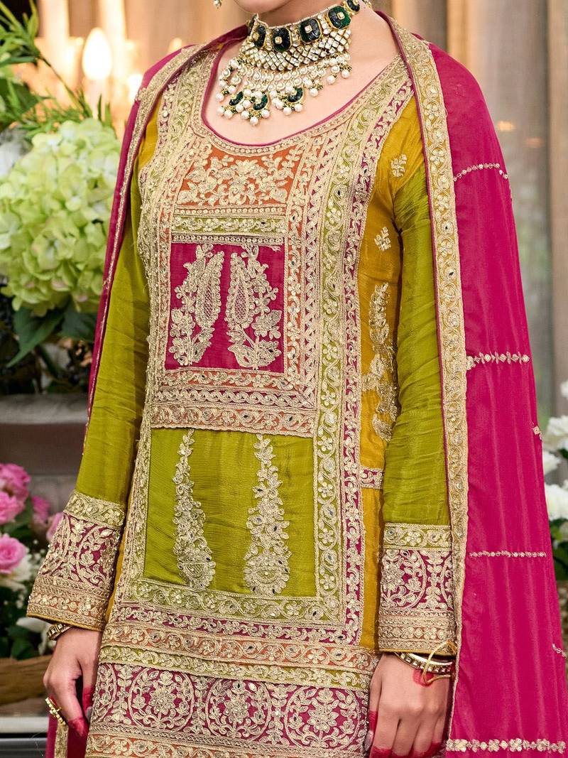 Floral Embroidered Sequinned Chinon Straight Kurta With Palazzos & Dupatta