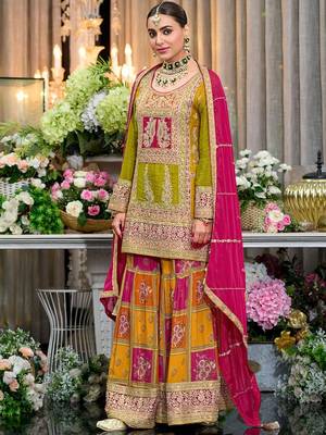 Floral Embroidered Sequinned Chinon Straight Kurta With Palazzos & Dupatta 4