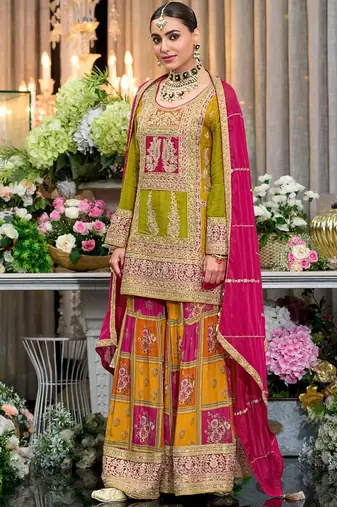 Floral Embroidered Sequinned Chinon Straight Kurta With Palazzos & Dupatta