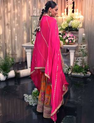 Floral Embroidered Sequinned Chinon Straight Kurta With Palazzos & Dupatta 5