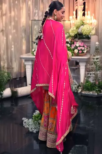 Floral Embroidered Sequinned Chinon Straight Kurta With Palazzos & Dupatta