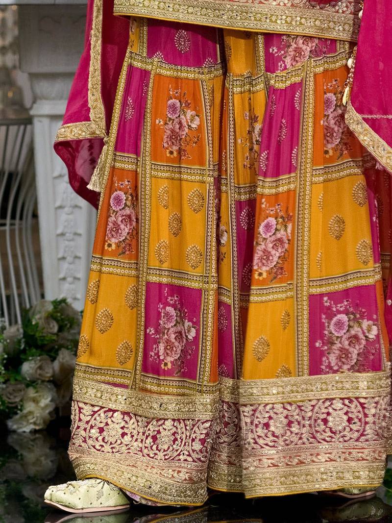 Floral Embroidered Sequinned Chinon Straight Kurta With Palazzos & Dupatta