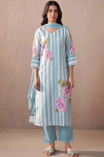 Floral Printed V-Neck Linen Kurta with Trousers & Dupatta