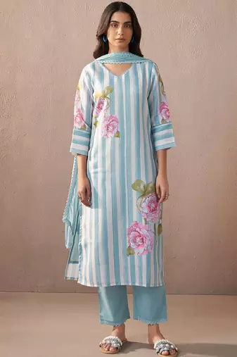 Floral Printed V-Neck Linen Kurta with Trousers & Dupatta