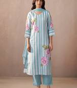 Floral Printed V-Neck Linen Kurta with Trousers & Dupatta