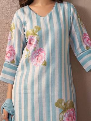 Floral Printed V-Neck Linen Kurta with Trousers & Dupatta 3