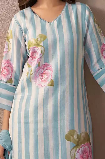 Floral Printed V-Neck Linen Kurta with Trousers & Dupatta
