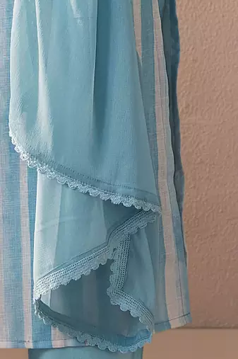 Floral Printed V-Neck Linen Kurta with Trousers & Dupatta