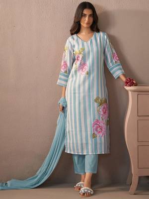 Floral Printed V-Neck Linen Kurta with Trousers & Dupatta 5